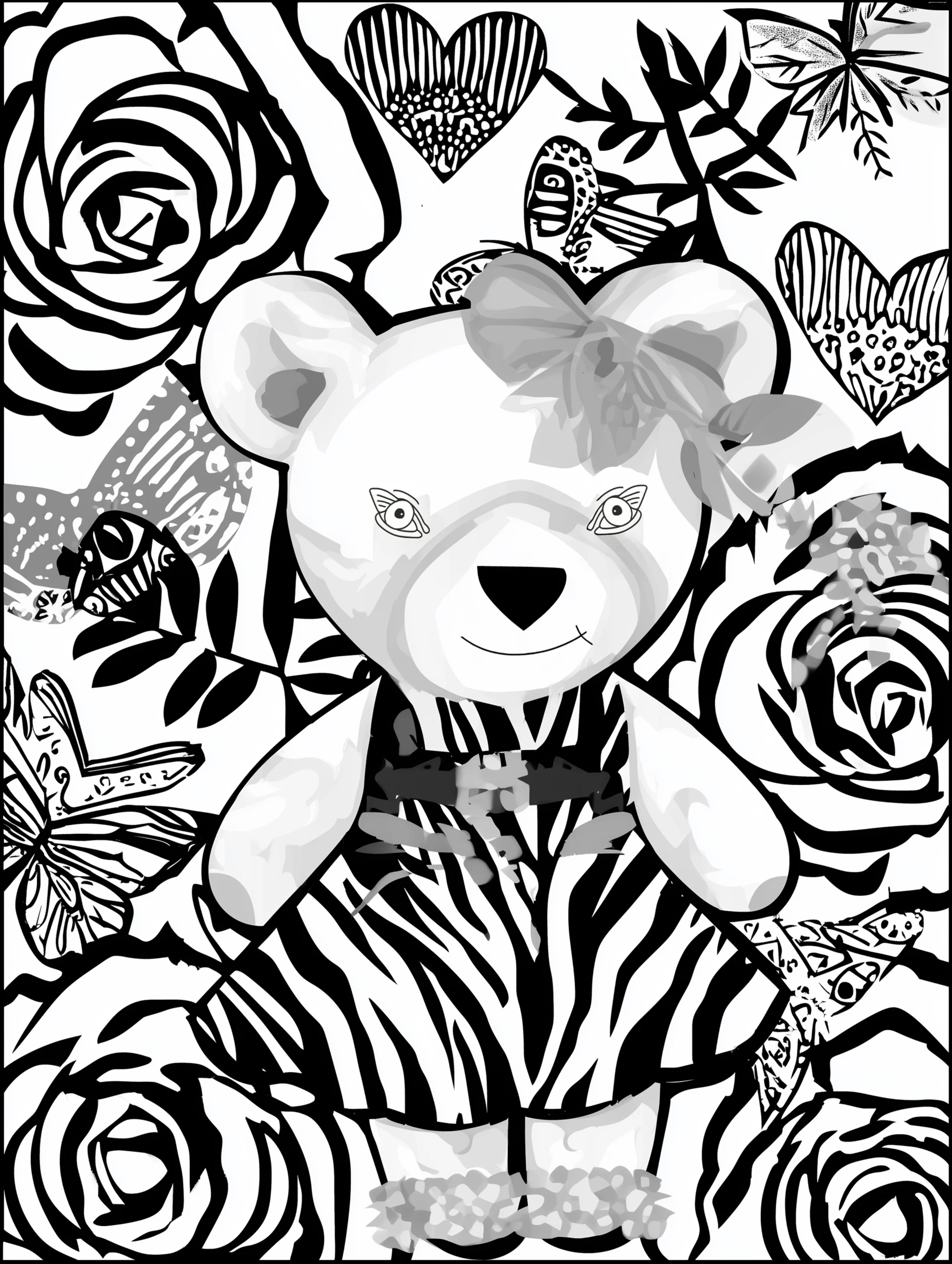 Free printable bear coloring book page featuring a bear with a half smile wearing a dress
